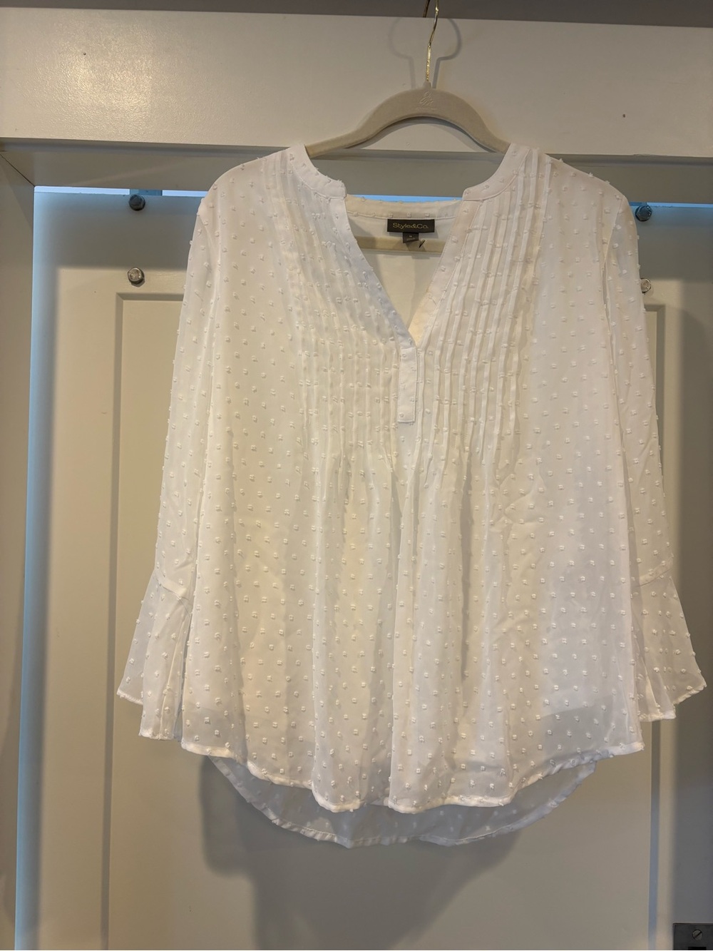 Style & Co. White Swiss Dot Pintuck V-Neck Blouse